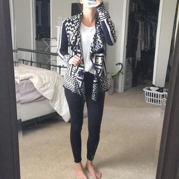 Angie Sweaters - Navy and grey drape front cardigan